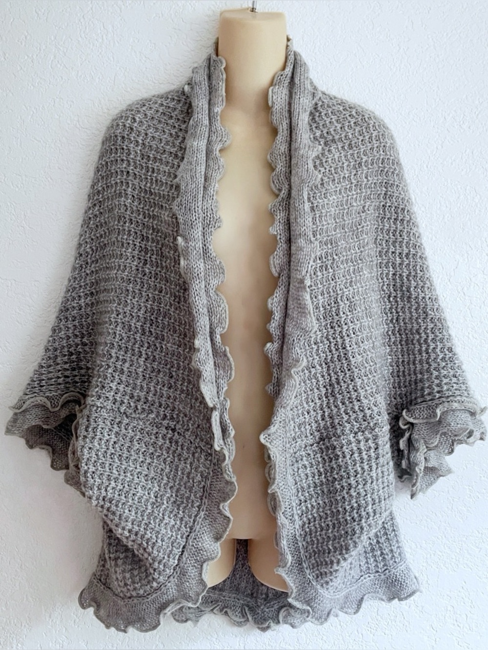 Anthropologie Moth Gray Ruffle Trim Open Front Wool Cardigan Medium Cozy
